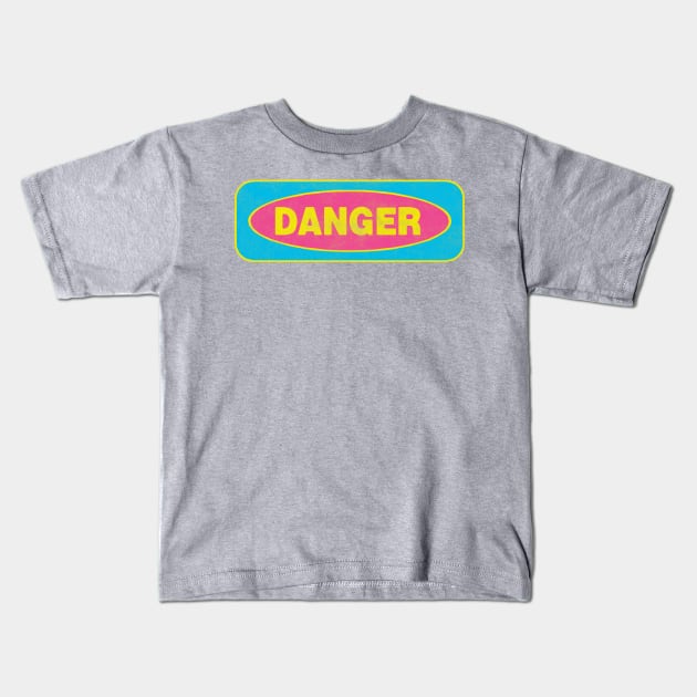 Danger - blue & yellow on pink Kids T-Shirt by BrownWoodRobot